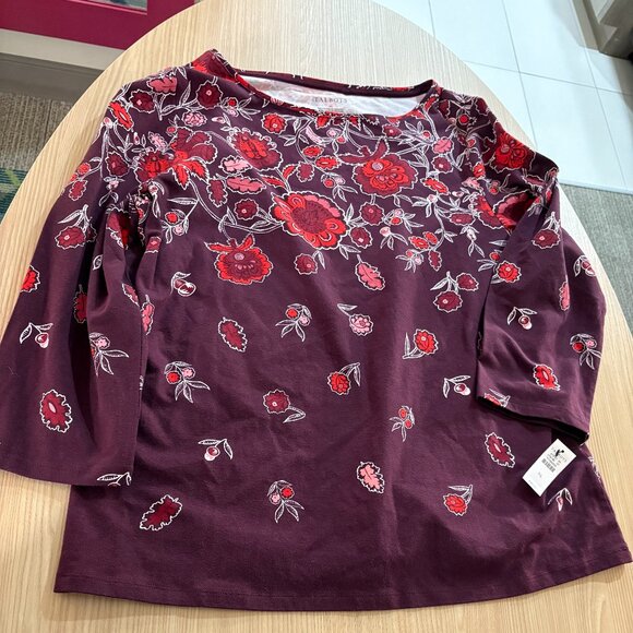 The Talbots Tee XL Xtra Large Long Sleeve T Shirt Maroon Floral Print NWT NEW - Picture 1 of 3